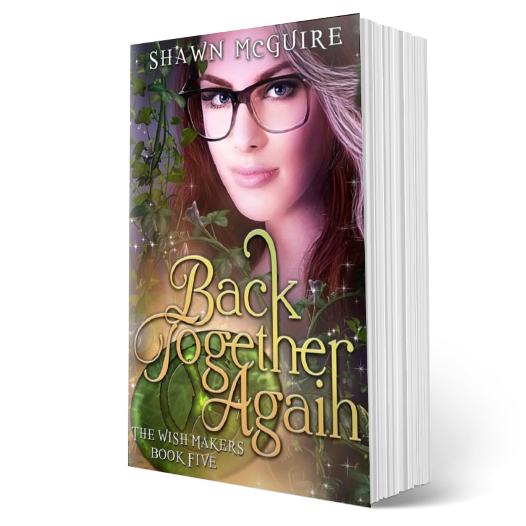 Cover of Shawn McGuire’s young adult fantasy genie wishes series featuring ivy vines, and emerald stone, a teenage girl with dark hair and glasses.