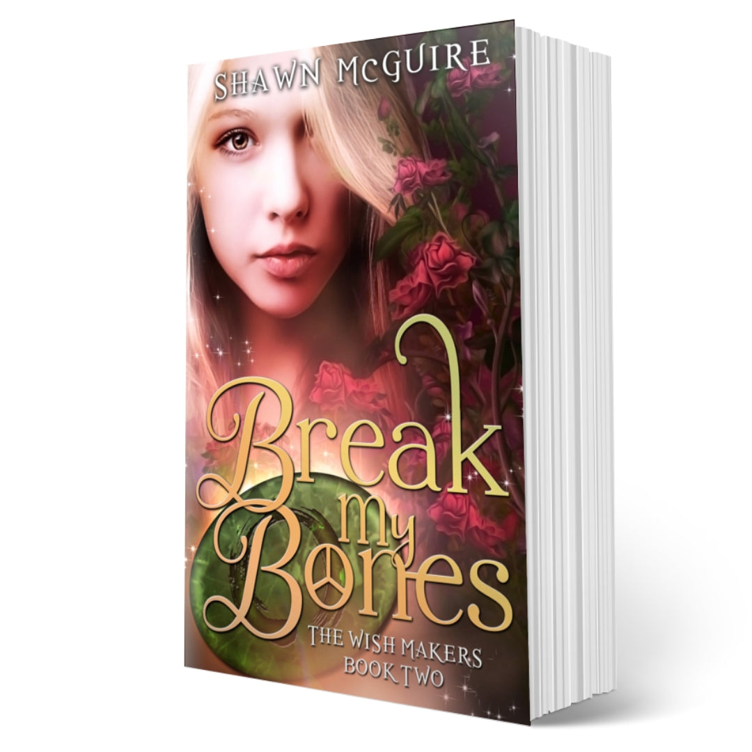 Cover of Shawn McGuire’s young adult fantasy genie wishes series featuring rose vines, and emerald stone, a teenage girl with blond hair.