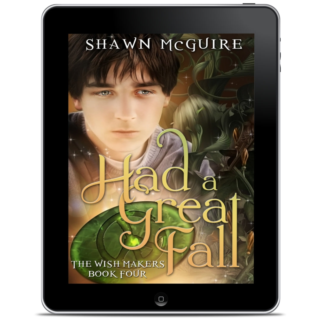 E-book cover on e-reader of Shawn McGuire’s young adult fantasy genie wishes series featuring jungle vines, and emerald stone, a sad teenage boy with dark hair.