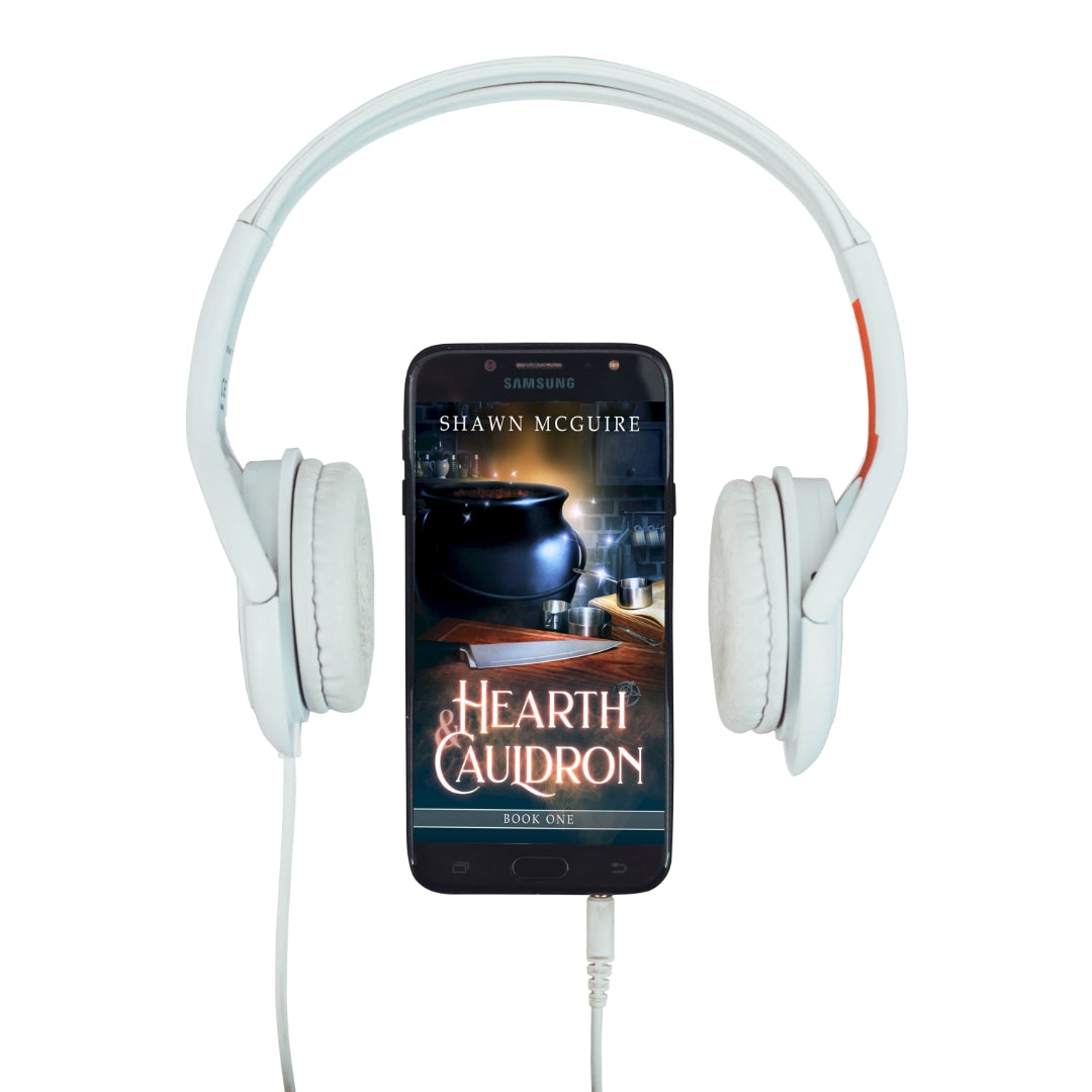 Audiobook cover on cellphone of Shawn McGuire’s witch cozy midlife mysteries with a black cauldron and ominous kitchen knife.
