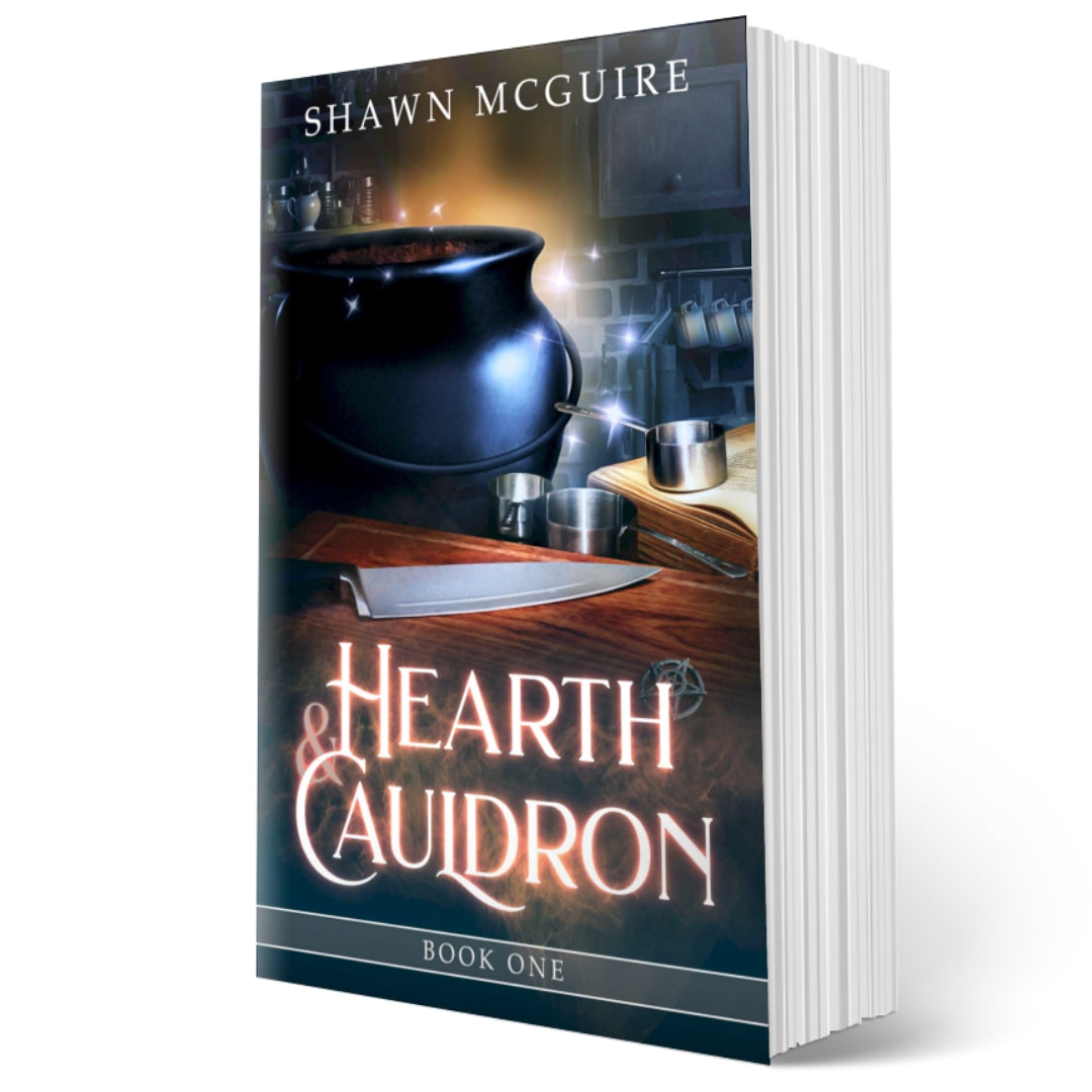 Cover of Shawn McGuire’s witch cozy midlife mysteries with a black cauldron and ominous kitchen knife.