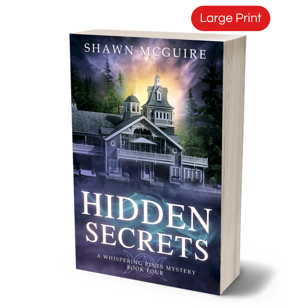 Large print paperback cover of Shawn McGuire's cozy murder mystery featuring a beautiful house on a lake.