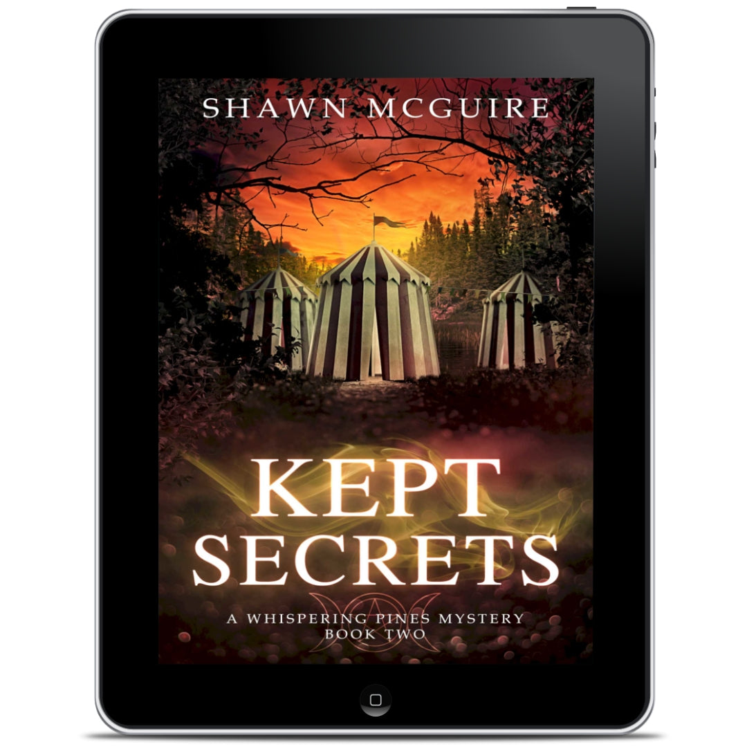 E-book cover on e-reader for Shawn McGuire’s cozy murder mystery series set in Whispering Pines, featuring a mysterious woodland circus.