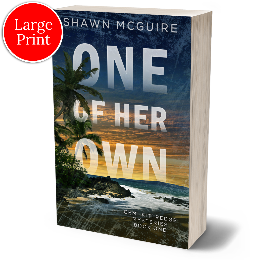 Large print paperback cover of Shawn McGuire's murder mystery with a tropical beach beneath an ominous sunrise.