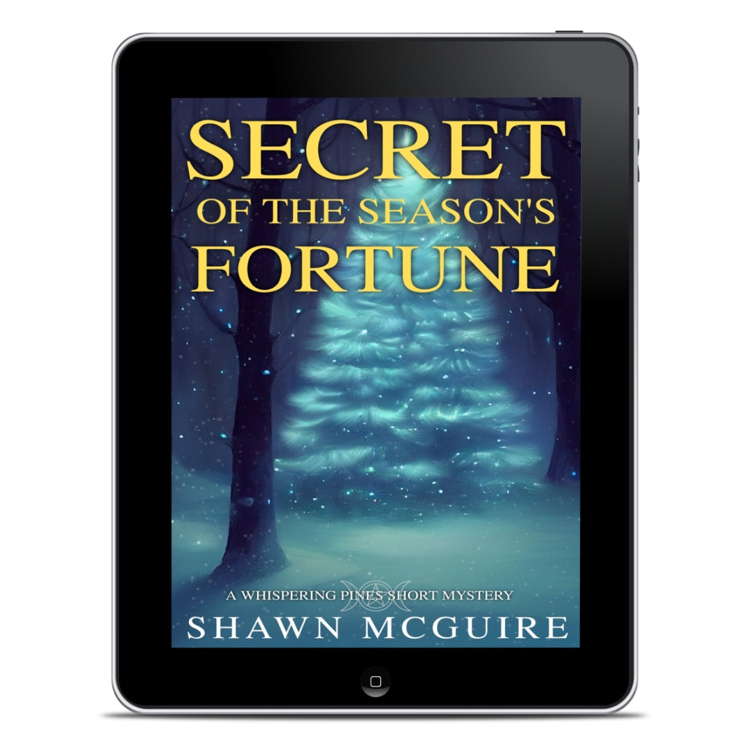 E-book cover on e-reader of Shawn McGuire's cozy murder mystery holiday novella featuring an illuminated Christmas tree in a snowy forest.