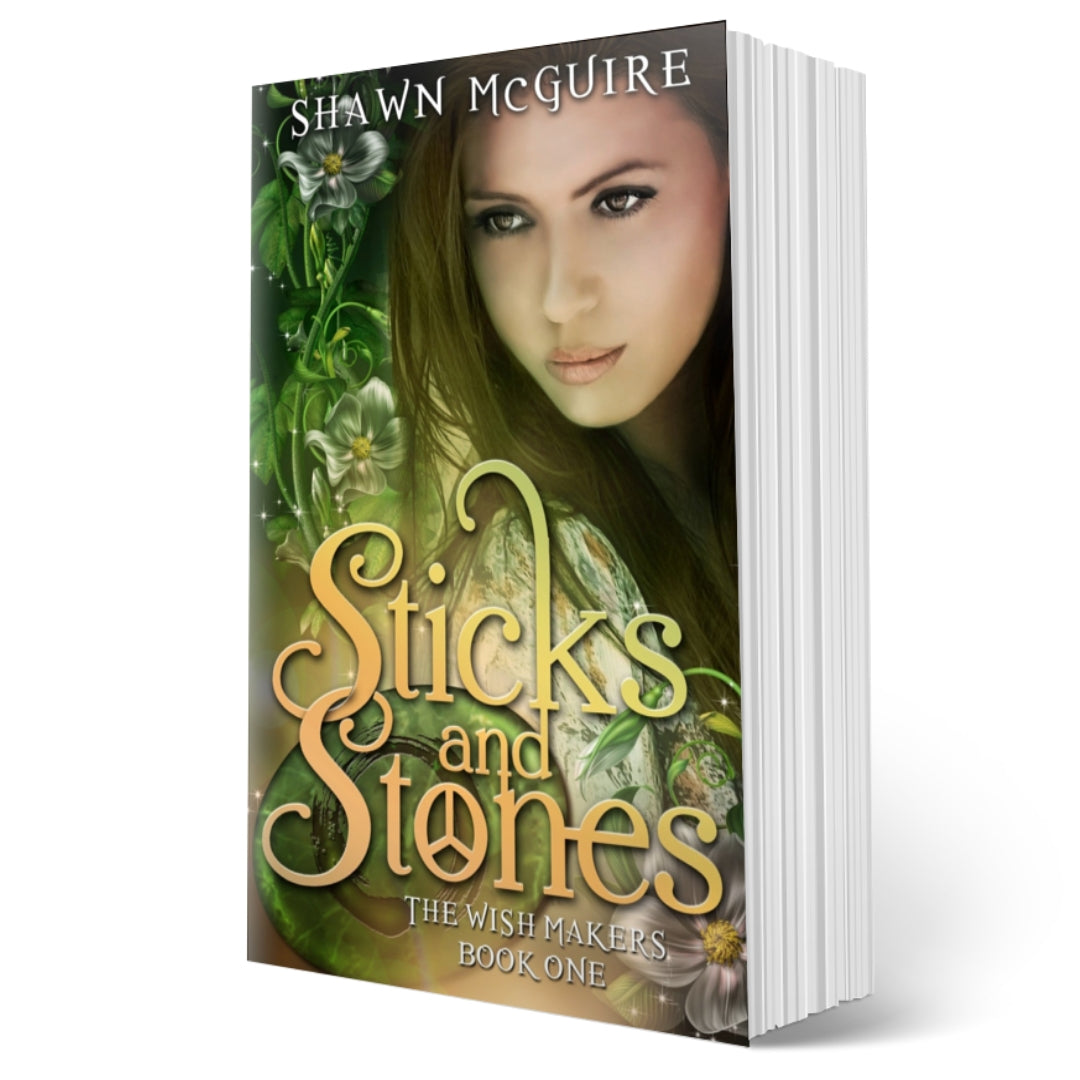 Cover of Shawn McGuire’s young adult fantasy genie wishes featuring green vines, and emerald stone, a teenage girl with dark hair.