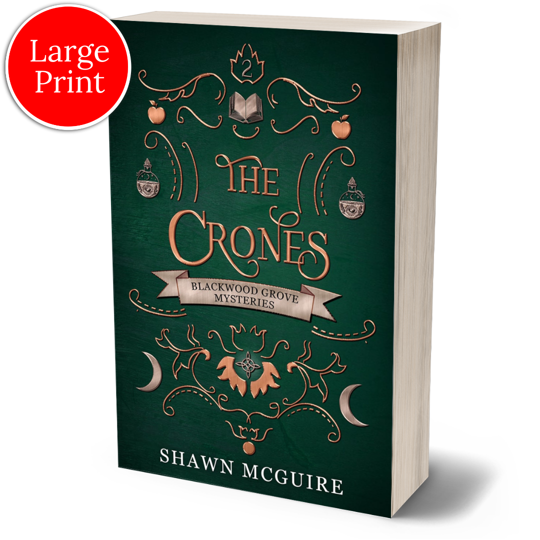 Large print cover of Shawn McGuire’s witch cozy paranormal midlife mystery series green background with scrollwork and grimoire, moons, and potion bottles icons.