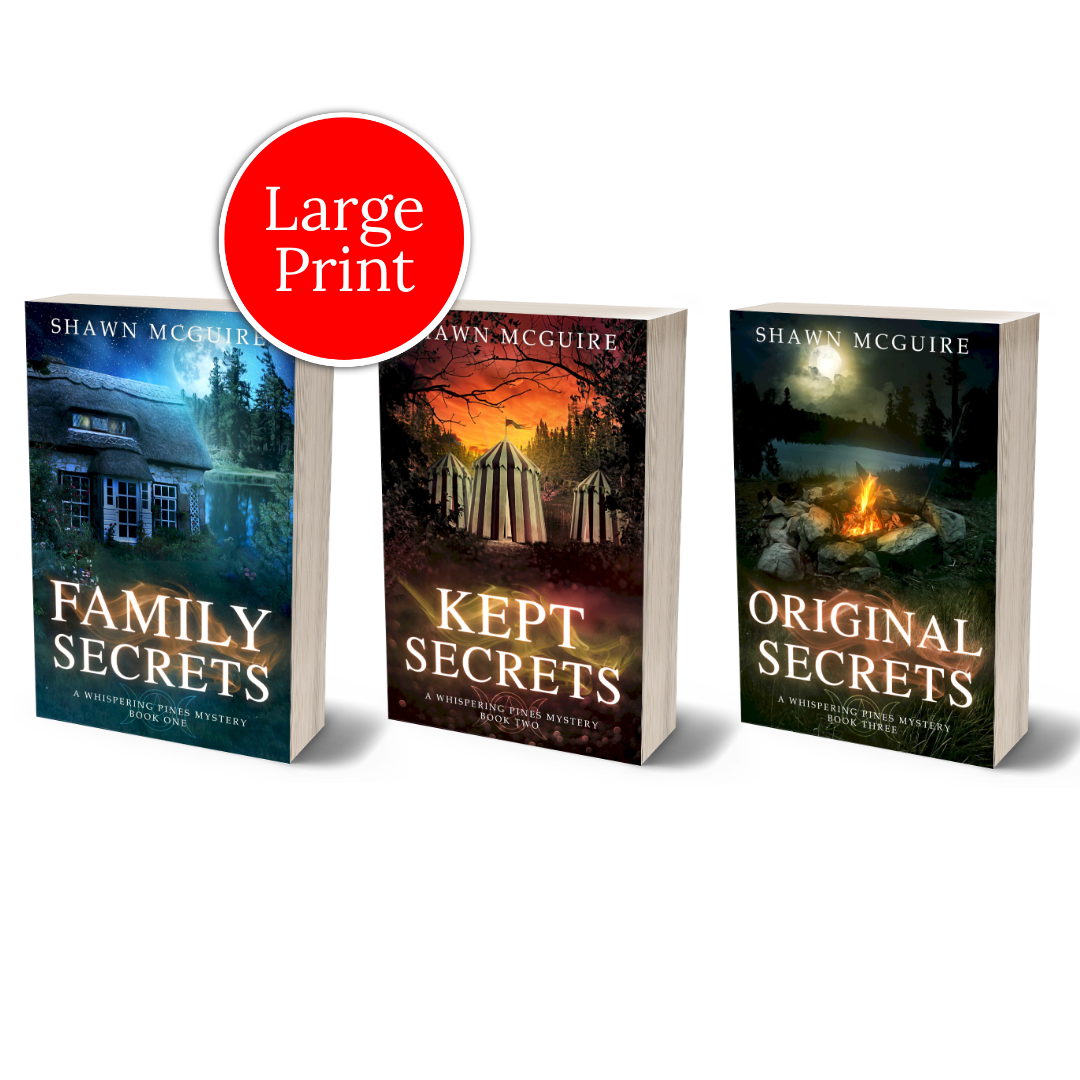 Large print paperback covers of Shawn McGuire’s 3-book cozy murder mystery series collection books 1-3.