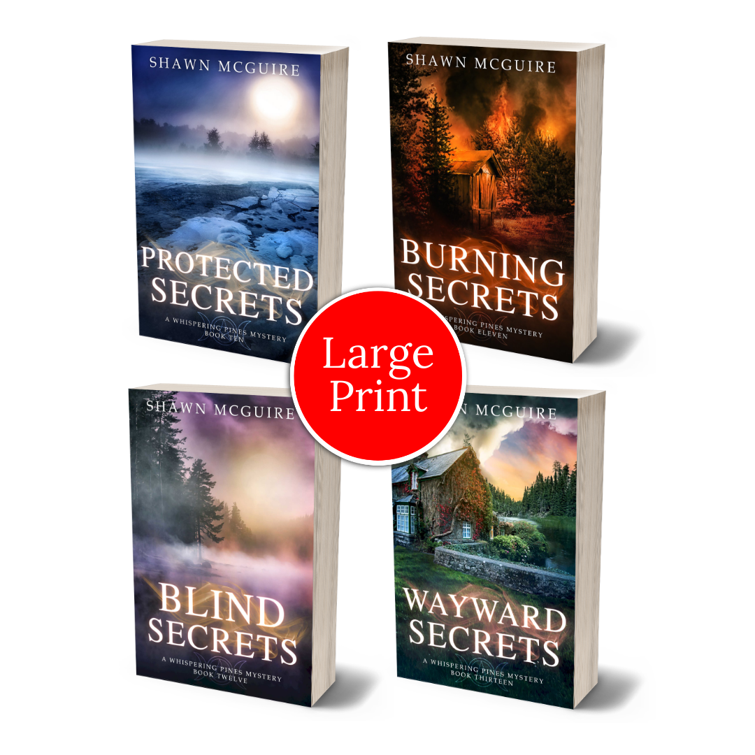 Large print paperback covers of Shawn McGuire’s 4-book cozy murder mystery series collection books 10-13.
