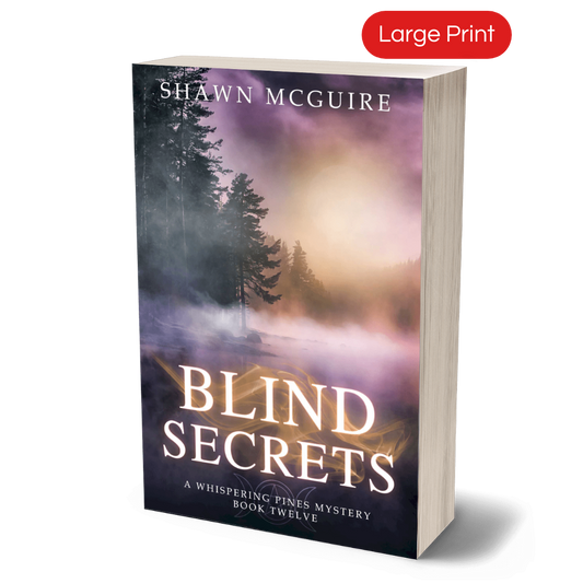 Cover of the large print paperback version of Shawn McGuire's cozy murder mystery series set in Whispering Pines, featuring a lake shrouded in fog.