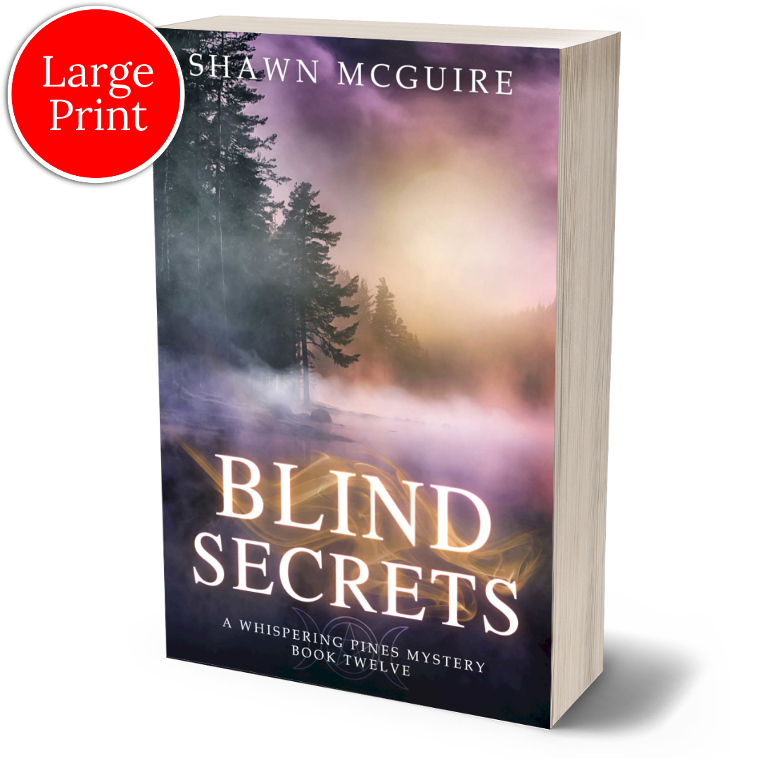 Cover of the large print paperback version of Shawn McGuire's cozy murder mystery series set in Whispering Pines, featuring a lake shrouded in fog.