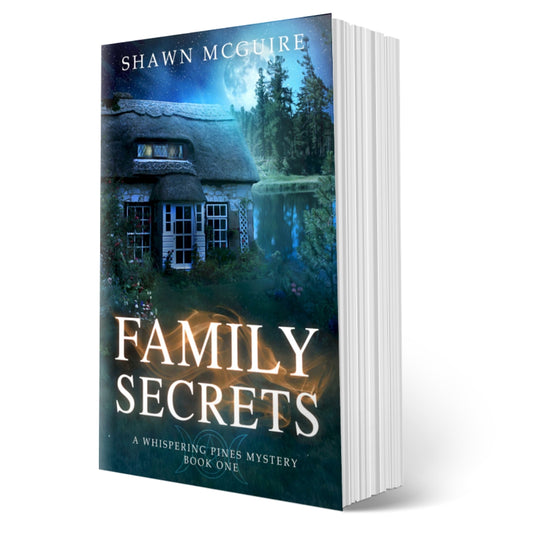 Book cover for Shawn McGuire’s cozy mystery set in Whispering Pines, featuring natural woodland elements and a mysterious ambiance.