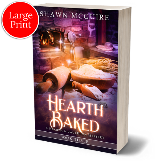 Cover of Shawn McGuire’s witch cozy midlife mysteries with a fireplace in background and large rolling pin. 