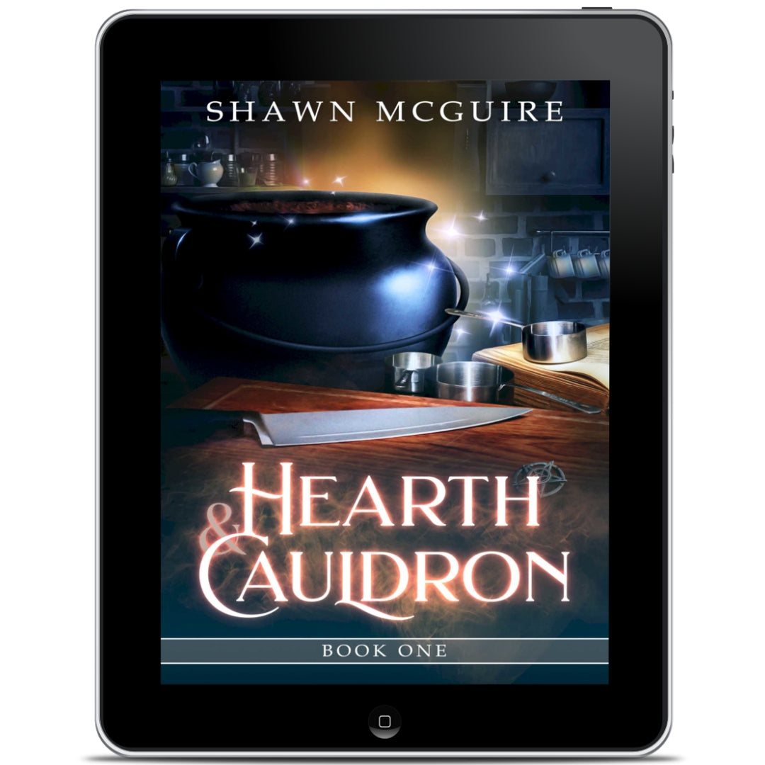 E-book cover on e-reader of Shawn McGuire’s witch cozy midlife mysteries with a black cauldron and ominous kitchen knife. 