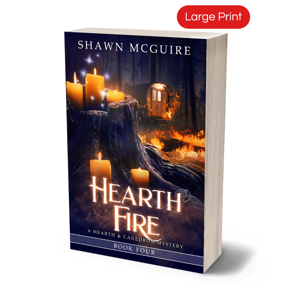 Cover of Shawn McGuire’s witch cozy midlife mysteries with a burning fortune teller wagon in background and lit candles on tree stump in foreground. 