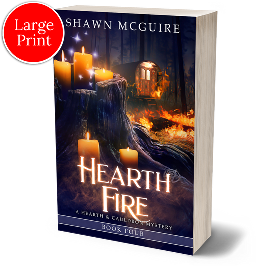 Cover of Shawn McGuire’s witch cozy midlife mysteries with a burning fortune teller wagon in background and lit candles on tree stump in foreground. 