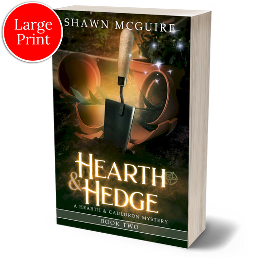 Cover of Shawn McGuire’s witch cozy midlife mysteries with broken plant pots and a hand trowel. 