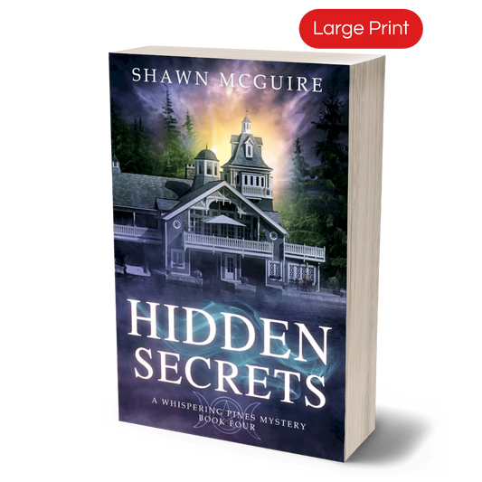 Large print paperback cover of Shawn McGuire's cozy murder mystery featuring a beautiful house on a lake.