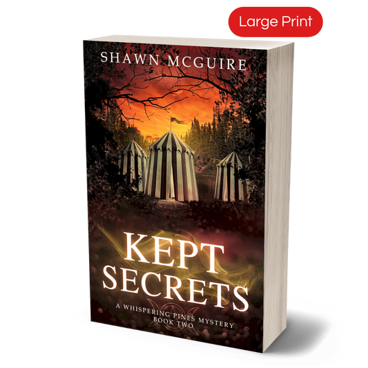 Cover of the large print paperback version of Shawn McGuire's cozy murder mystery series set in Whispering Pines, featuring a mysterious woodland circus.