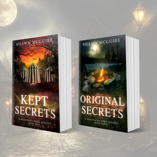 Paperback covers of Shawn McGuire's cozy murder mysteries set in Whispering Pines, featuring a mysterious woodland circus and lakeside campfire.