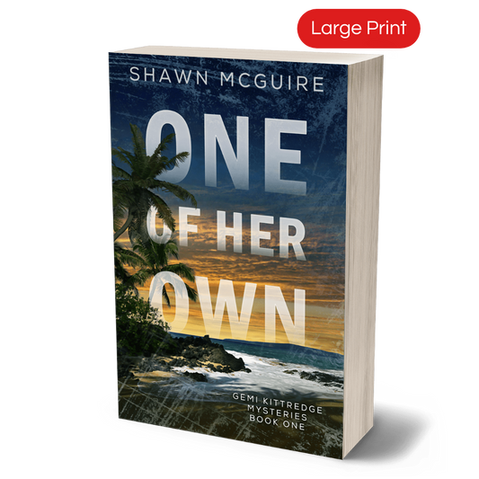 Large print paperback cover of Shawn McGuire's murder mystery with a tropical beach beneath an ominous sunrise.