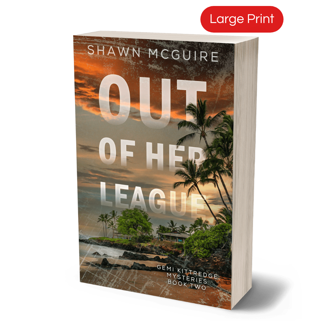 Large print paperback cover of Shawn McGuire's murder mystery with a compound of buildings on a tropical beach.