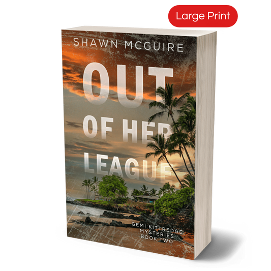 Large print paperback cover of Shawn McGuire's murder mystery with a compound of buildings on a tropical beach.