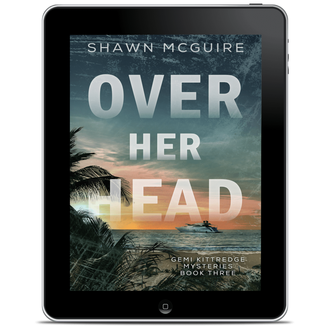 E-book cover on e-reader of Shawn McGuire's murder mystery featuring a view from the beach of a yacht on the ocean.