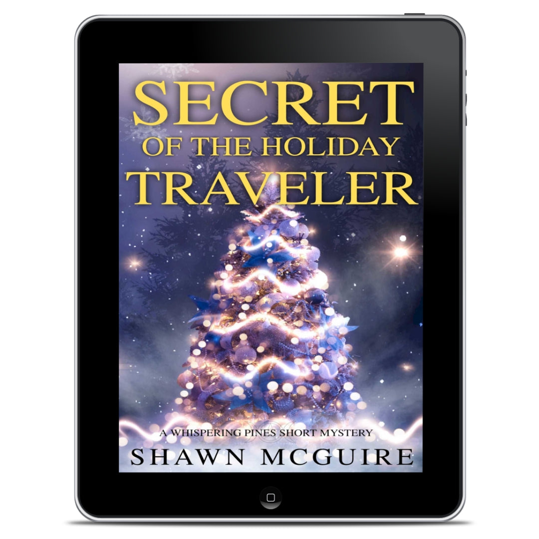 E-book cover on e-reader of Shawn McGuire's cozy murder mystery holiday novella featuring a Christmas tree with blue ornaments in the forest.