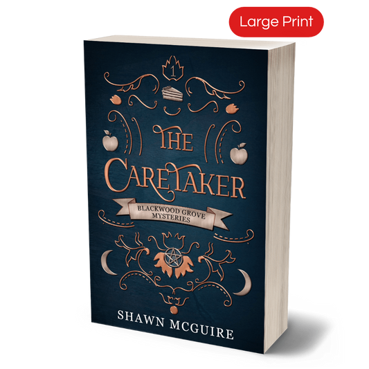 Cover of Shawn McGuire’s witch cozy paranormal midlife mystery series blue background with scrollwork and apples, moons, and slice of pie icons.