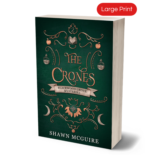 Large print cover of Shawn McGuire’s witch cozy paranormal midlife mystery series green background with scrollwork and grimoire, moons, and potion bottles icons.