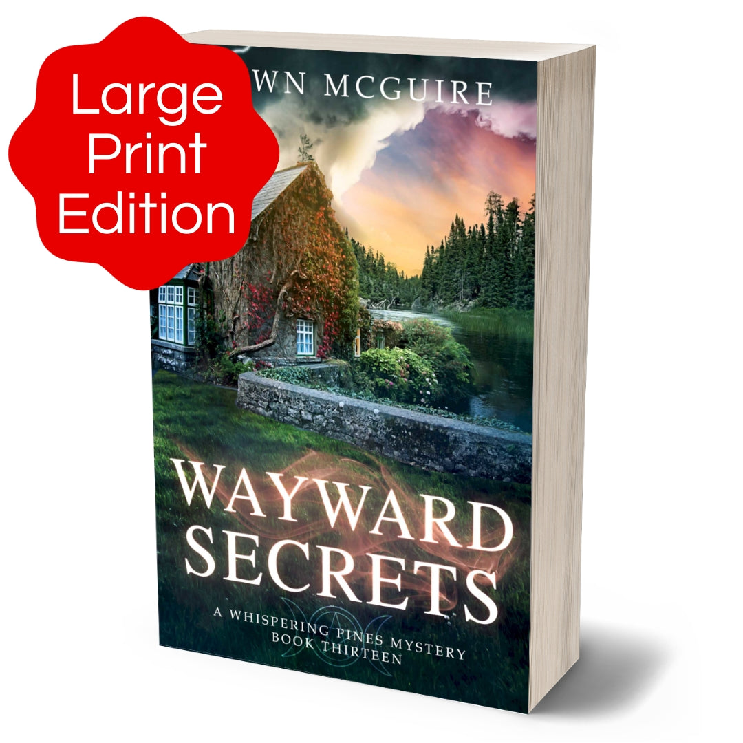 Large print paperback cover of Shawn McGuire's cozy murder mystery featuring a stone cottage on a lake beneath an ominous sky.