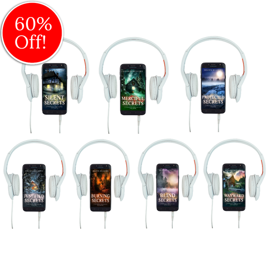 Audiobook covers on cellphones of Shawn McGuire’s 13-book cozy murder mystery series collection books 7-13.