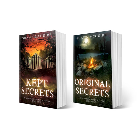 Paperback covers of Shawn McGuire's cozy murder mysteries set in Whispering Pines, featuring a mysterious woodland circus and lakeside campfire.