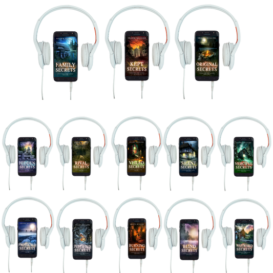 Audiobook covers on cellphones of Shawn McGuire’s 13-book cozy murder mystery series full audiobook 