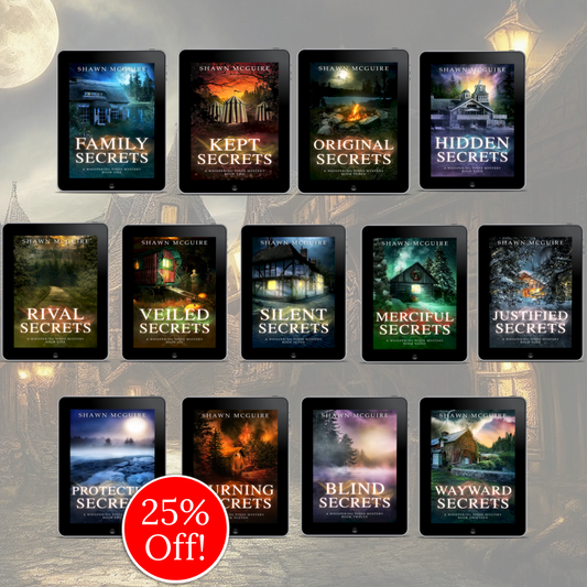E-book covers on e-readers of Shawn McGuire 13-book cozy murder mystery series collection.