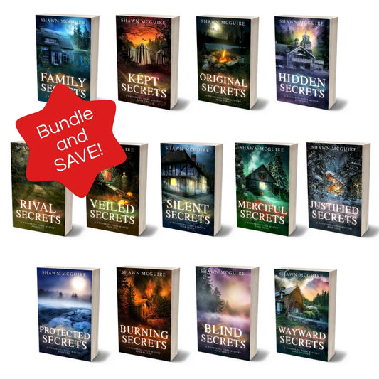 Paperback covers of Shawn McGuire 13-book cozy murder mystery series collection.