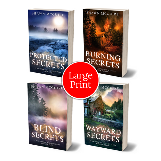 Large print paperback covers of Shawn McGuire’s 4-book cozy murder mystery series collection books 10-13.