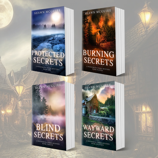 Paperback covers of Shawn McGuire’s 4-book box set cozy murder mystery series 