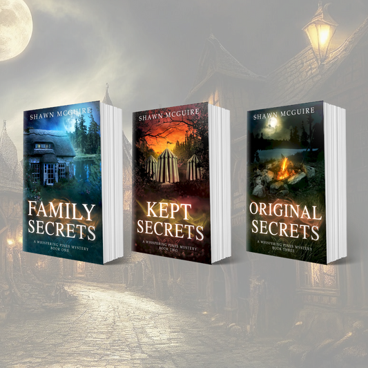 Paperback covers of Shawn McGuire’s 3-book cozy murder mystery series collection books 1-3.