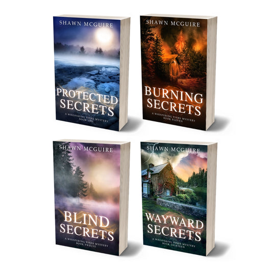 Paperback covers of Shawn McGuire’s 4-book cozy murder mystery series collection books 10-13.