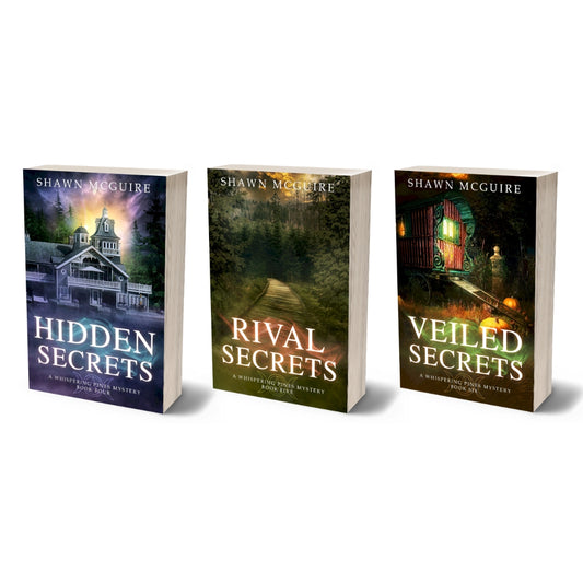 Paperback covers of Shawn McGuire’s 3-book cozy murder mystery series collection books 4-6.