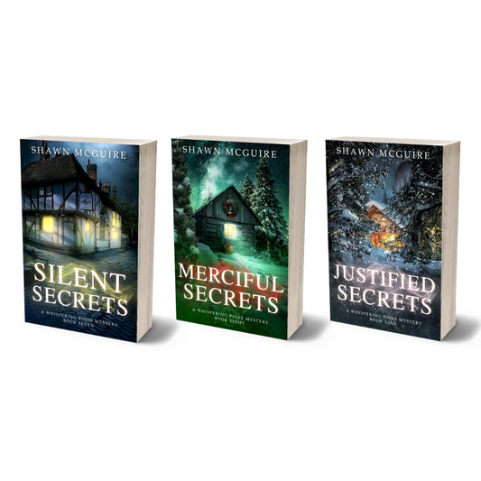 Paperback covers of Shawn McGuire’s 3-book cozy murder mystery series collection books 7-9.
