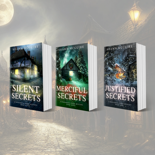 Paperback covers of Shawn McGuire’s 3-book cozy murder mystery series collection books 7-9.