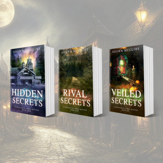 Paperback covers of Shawn McGuire’s 3-book cozy murder mystery series collection books 4-6.